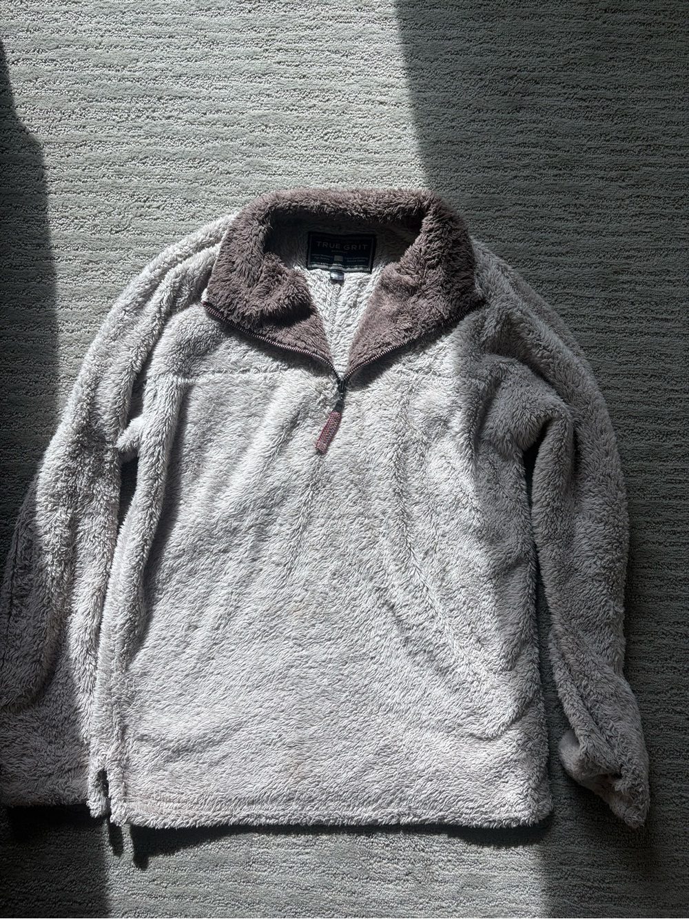 True Grit Plush Half-Zip Sweater - Light Gray with Brown Collar